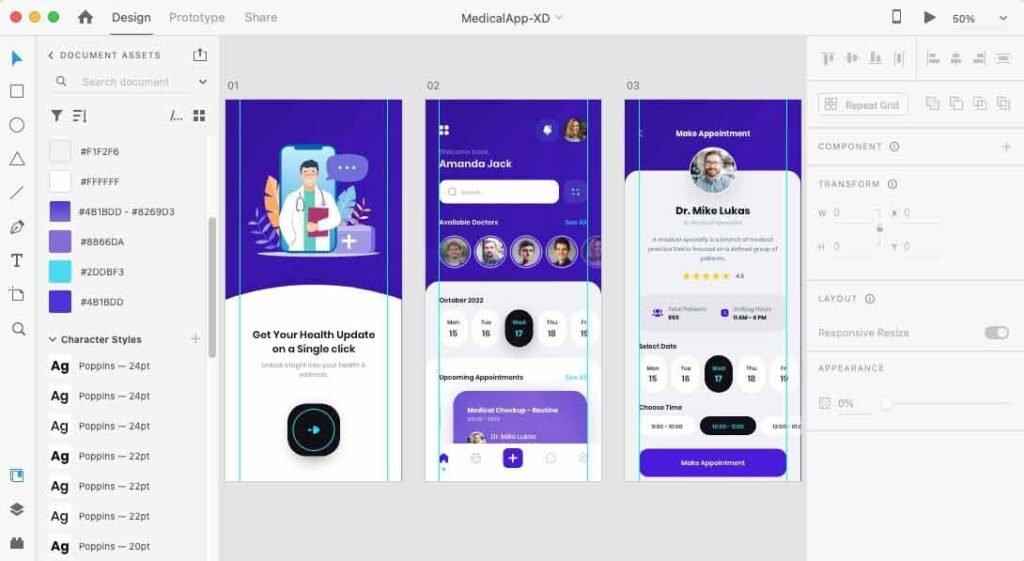 medical app ui figma artboard