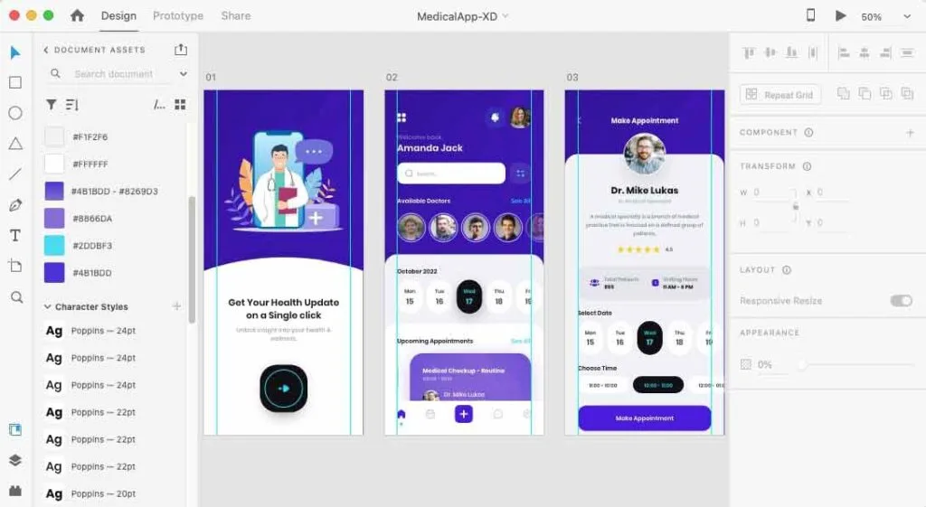 medical app ui figma artboard 