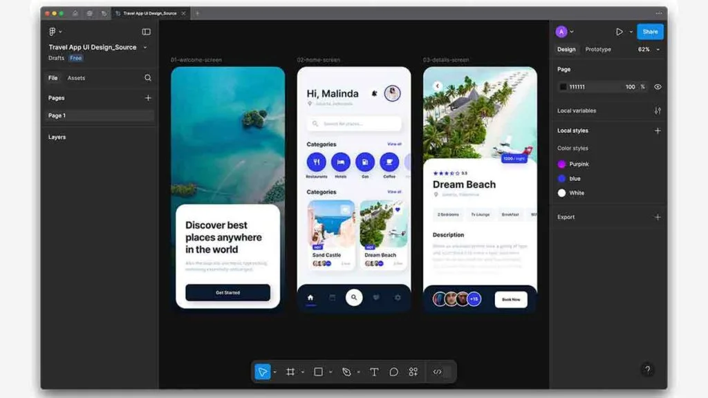 travel mobile app 3 screens, onboarding, home and details page.
