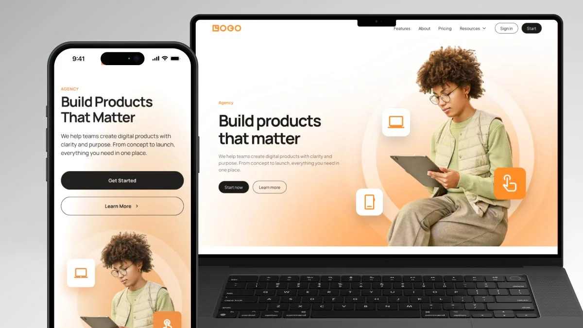 Responsive Landing Page UI Kit including desktop and mobile version built in framer